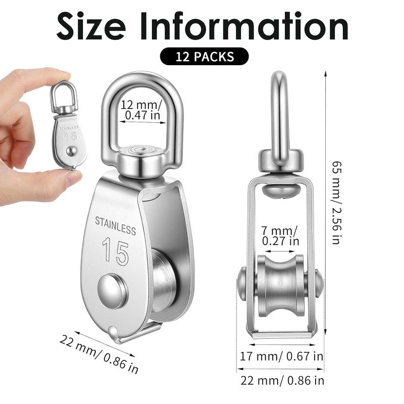 AojSup 12 Pack M15 Pulleys for Rope, 304 Stainless Steel Wire Rope Cable Pulley, Heavy Duty Swivel Pulley Wheel Hanging Wire Towing Wheel for Lifting - Image 2